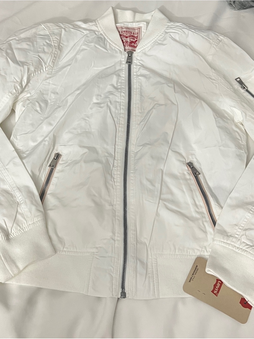 Levi's White Bomber Jacket with Silver Zippers